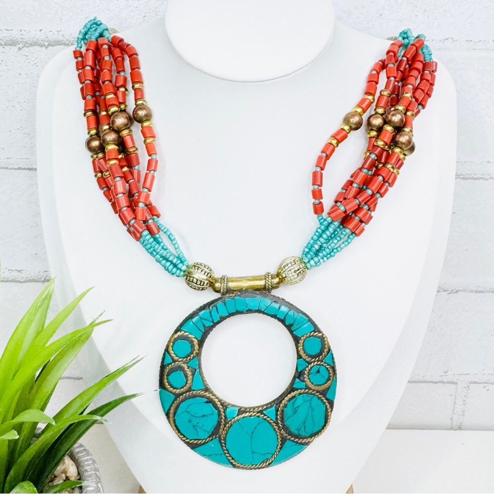 Vintage 70s Tibetan Style Turquoise Howlite Brass Medallion Faux Coral Necklace